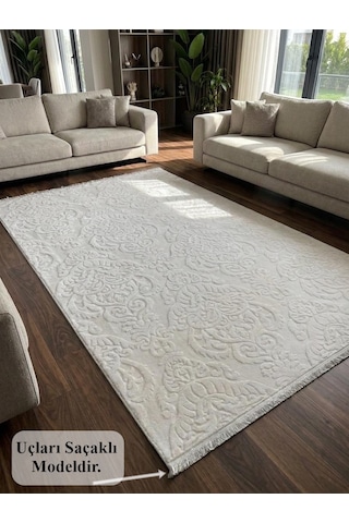 Rölyef Saçaklı Krem Joy Modern Yumuşak Dokulu Kabartmalı Kaymaz Taban Kesme Halı Yolluk Krem1