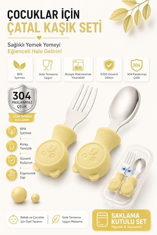 Jojobebek Kaşık Çatal Seti, Ergonomik Kısa Saplı Silikon, Paslanmaz Çelik Uçlu, Saklama Kutulu, (9-24 Ay) (SARI)