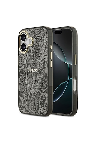 Apple Uyumlu iPhone 17 Kılıf Guess Lisanslı M-safe Şarj Özellikli Yazı Logolu Python Desenli Kapak Siyah Siyah