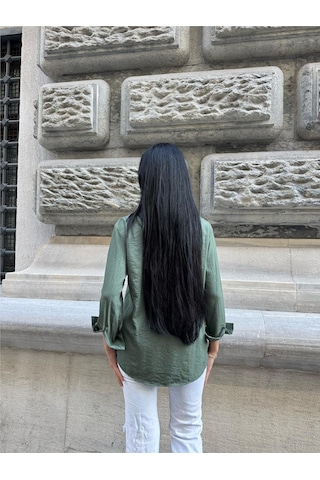 WeShaya Haki Kırışık Oversize %100 Pamuk Gömlek Haki