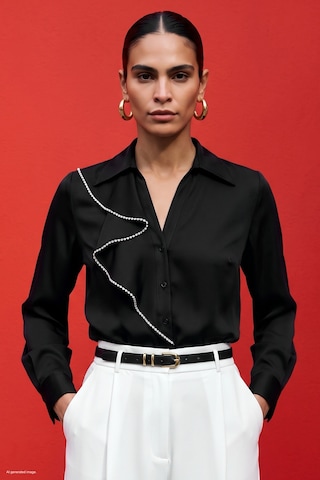 Sateen Fırfır Ve Aksesuar Detaylı Gömlek - Siyah-137975