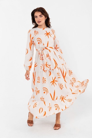 Desenli Yazlık Baharlık Keten Elbise 2103 Turuncu
