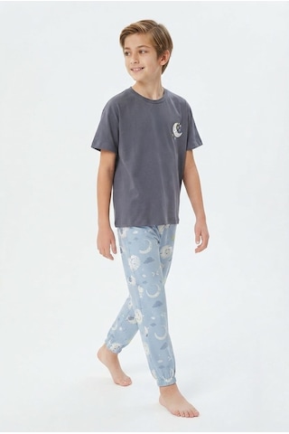 Bunny Hopp Erkek Çocuk Pijama Takımı %100 Pamuk Ay Ve Yıldız Nakışlı Yazlık Kısa Kollu Gri