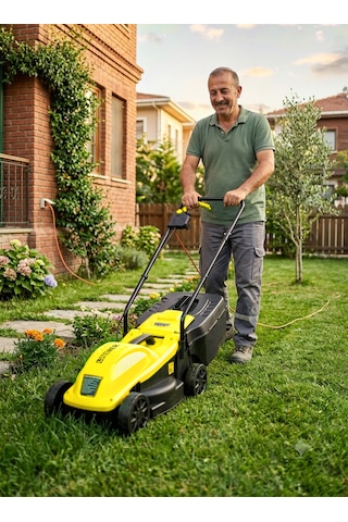 Steiner 1200w Elektrikli Bakır Sargılı Tekerlekli Çim Biçme Makinesi Sarı 30 Litre Toplama Torbalı