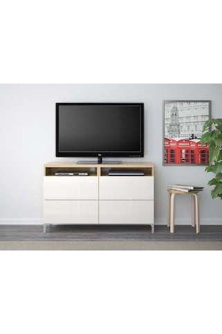 Tv Sehpası, Ağartılmış Meşe Görünümlü-parlak Cila-beyaz, 120x40x74 Cm, Selsvıken, Fren Raylı Beyaz