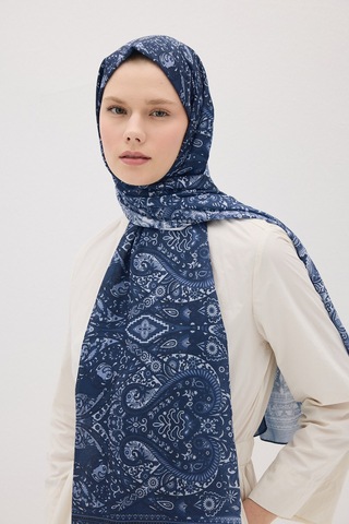 Mirsoy Scarf Eftelya Pamuk Etnik Desen Şal Lacivert