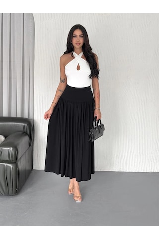 Wear Vexel Sandy Uzun Beli Lastikli Yüksel Bel Etek Yazlık - Siyah Çok Renkli