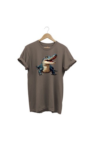 Timsah Baskılı %100 Pamuk Regular Fit T-shirt Kahverengi