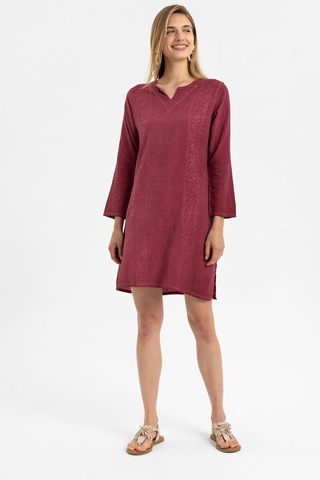 Bordo İşlemeli Uzun Kollu Astarsız Pamuklu Kısa Elbise-bordo