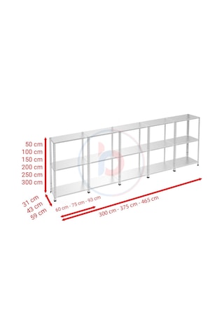 Raf Burada 3 Katlı 5'li Galvaniz Çelik Raf - Depo, Arşiv, Kiler, Dosya, Market Rafı-43x75 cm-150 cm-1.00 mm