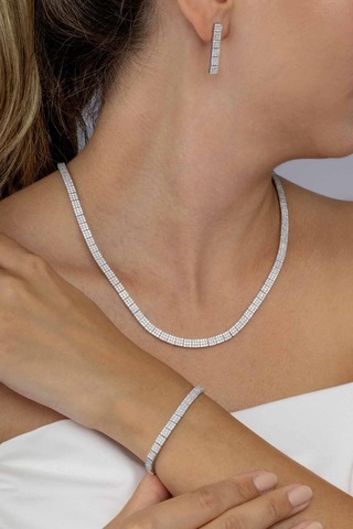 Gümüş Pazarım Beyaz Altın Kaplama 3 Sıra Su Yolu 925 Ayar Gümüş Düğün Seti Gümüş