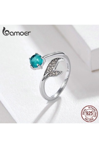 Bamoer Denizkızı Yüzük 925 Ayar Gümüş Mavi Okyanus Taş Gözyaşı Balık Kuyruğu Yüzükler