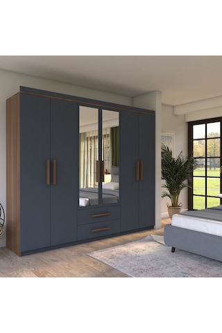 Metalia Gm 820 Armina Lüx 6 Kapılı 2 Çekmeceli Gardrop Ceviz Antrasit Gri