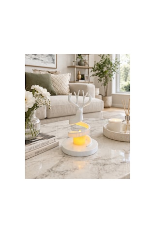 Geyik Konseptli Tealight Aydınlatmalı Dekoratif Obje Beyaz