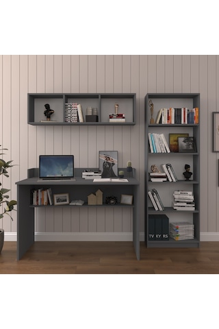 Asra Trend Çalışma Masası Seti ÇMT001 %100 MDF Kitaplıklı Raflı Ofis Takımı Antrasit
