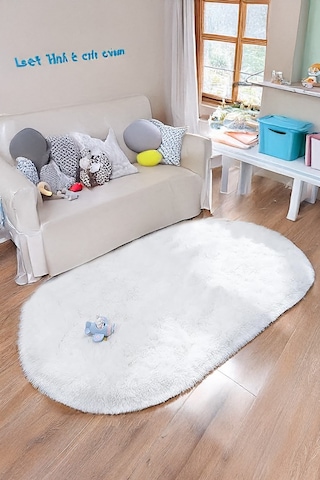 Beyaz Oval Post Halı Kesme Yolluk Peluş Yumuşak Kaymaz Dot Taban