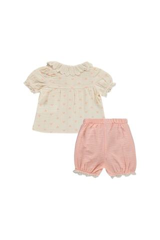 Civil Baby Yaka Dantelli Kalp Baskılı 6-18 Ay Takım - Bej Krem