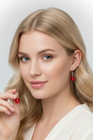 925 Ayar Gümüş Kancalı Küpe 10 Mm Kırmızı Zirkon Taşlı Küpe B