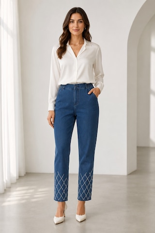 Bihan Store Kadın Paçası Işıltılı Nakış Detaylı Yüksek Bel Denim Pantolon Y26-1505-mavi