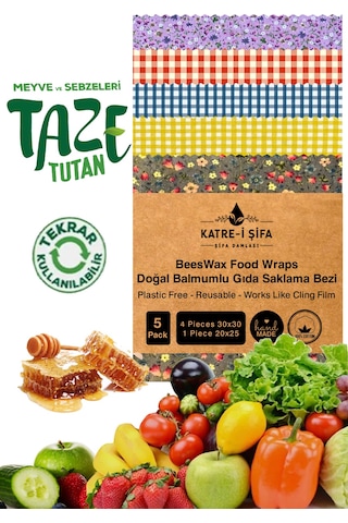 Balmumlu Doğal Gıda Saklama Bezi 5 Parça Balmumu Bez Beeswax Food Çok Renkli