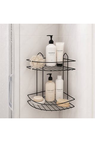 Eko-2 Banyo Köşelik Ve Duşkabin Raf 2 Katlı Üçgen Siyah Metal - 12'li Paket