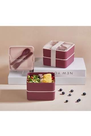 2 Katlı Kare Lunchbox Yemek Saklama Kabı Beslenme Kutusu Seti-sporcu Öğrenci Fitness Okul Işyeri Mürdüm