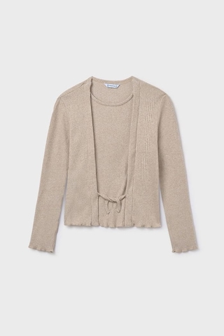 Kız Çocuk Önü Bağlamalı Örme Triko - Bej Susam