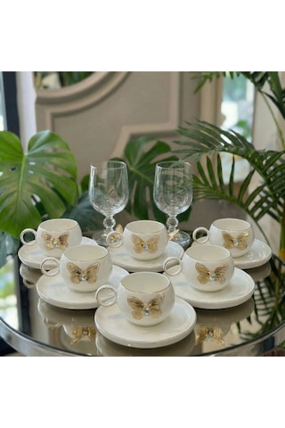 Alfafe Home Kelebek Detaylı 6 Lı Türk Kahvesi Fincan Takımı Gold Porselen Set Şık Çeyiz & Misafir Sunumluk Altın