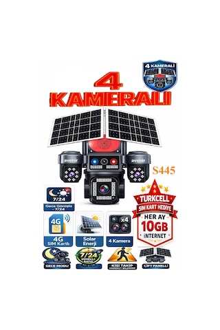 4 Kameralı Güneş Enerjili 4g Kamera 7/24 Kayıt 1 Yıl Her Ay 10gb