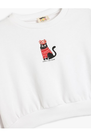 Koton Yılbaşı Temalı Sweatshirt Uzun Kollu Kedi Baskılı Bisiklet Yaka Beyaz 5wkg10544ak Beyaz