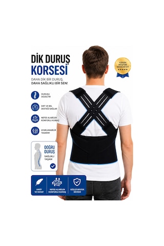 Premium Dik Duruş Korsesi Omuzları Geri Çeken, Kambur Duruş Desteği, Sırt Bel Destekli, Cırtlı Çapraz