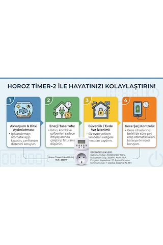 Horoz Timer-2 Dijital Haftalık Zaman Ayarlı Priz 3500w 16a 20 Programlı - Hafıza Bataryalı