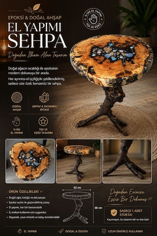 Epoksi Ve Doğal Ağacın Eşsiz Birleşmesi El Emeği Yan Sehpa Üst Tabla 47x47 Cm Yükseklik 66 Cm Üst Tabla Kalınlığı 5 Cm Kahverengi Kahverengi