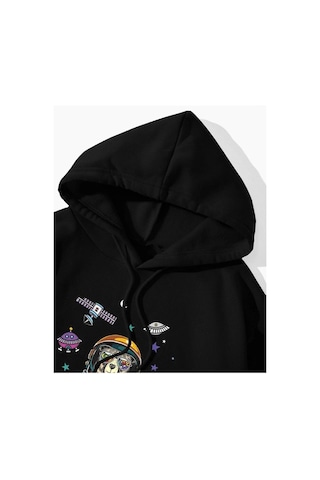 Altamira Unisex Siyah Astronot Ayı Baskılı Oversize Kapşonlu Sweatshirt 001