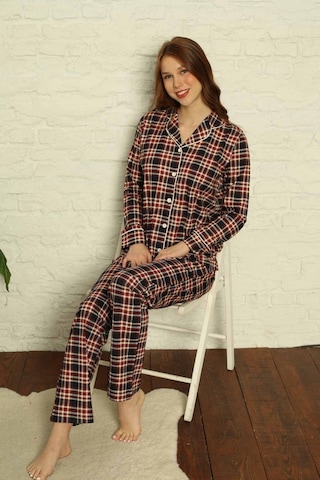 Farya Home Dreamy Ekoseli Pamuklu Biyeli Uzun Kollu Gömlek Pijama Takımı Ekose Siyah