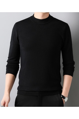 Kışın Yeni Yarım Balıkçı Yaka Sıcak Günlük Düz Renk Erkek Kazağı Siyah