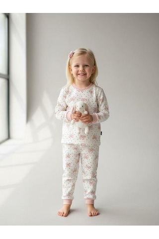 Kız Çocuk Pamuklu Fiyonk Baskılı Pijama Takımı-16833 Pudra