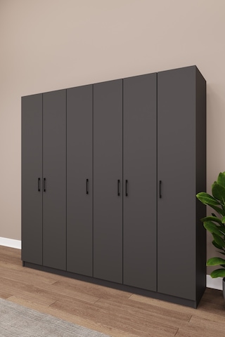 Asra Trend 6 Kapaklı Gardırop G-06 %100 MDF Çift Katlı Askılı Elbise Dolabı Koyu Gri
