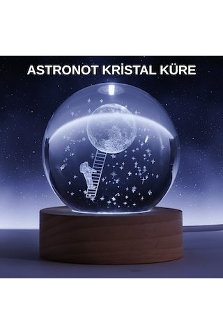 Lazer İşlemeli 3d Astronot Kristal Küre Led Işıklı Uzay Temalı Gece Lambası