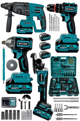 Steiner 21v Darbeli Kömürsüz Kırıcı Delici Hilti & Taşlama & Matkap & Somun Sıkma Sökme 4'lü Set Mavi
