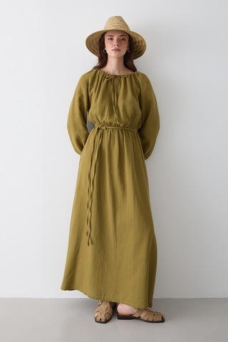 Haki Bağlama Detaylı Müslin Elbise - 2004 Haki
