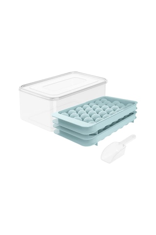 Wezone Ev İçin 33 Hücre Yuvarlak Buzluk Seti, Kapaklı Buz Çekirdeği Makinası, İki Katlı Buz Kutiği + Konak + Spatula, Kuzey Avrupa Mavisi Çok Renkli