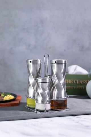 Nehir Burgulu Standlı 4 Parça Paslanmaz Çelik Yağdanlık Ve Baharatlık Seti 8697076010211 Çelik