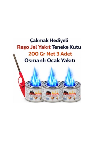 Çakmak Hediyeli Reşo Jel Yakıt Teneke Kutu 200 Gr Net 3 Adet Osmalı Ocak Yakıtı Kanp Piknik Yakıtı