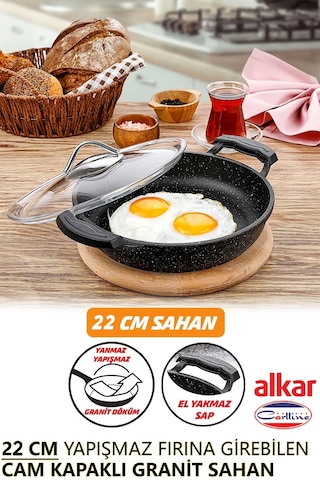 Kapaklı 22 Cm Yanmaz Yapışmaz Granit Döküm Sahan Cam Kapaklı Sahan Diğer