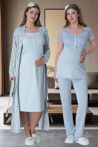 Mecit Pijama Mecit 6063 Kadın Hamile Lohusa Mavi Sabahlık Gecelik Pijama Set 001