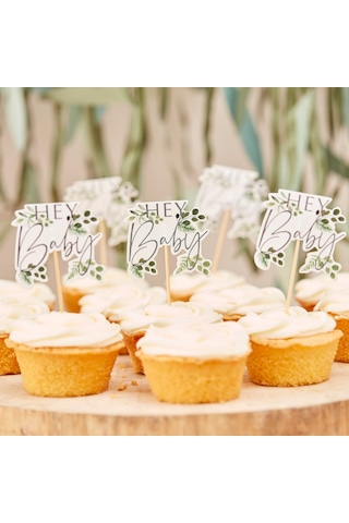 Ginger Ray - Hey Baby Botanical Cupcake Toppers - Hey Baby Botanik Cupcake Süsleri