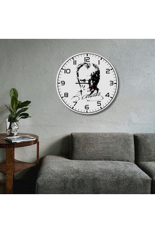 Atatürk Portreli Ve İmzalı Metal Duvar Saati - Ofis Ve Salon Saati beyaz