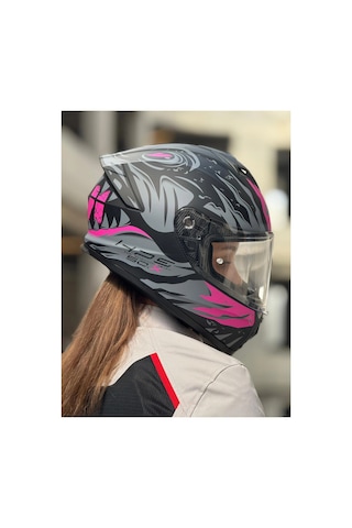 50.x Sharkbıte Mat Siyah-gri-pembe Kask Şeffaf Vizör Şeffaf