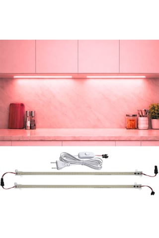 2 Adet 1 Metre Yüksek Lümen Beyaz Işık Şerit Led Bar 220v Opak, Butonlu Fişli, Mutfak Dolap Altı Kırmızı